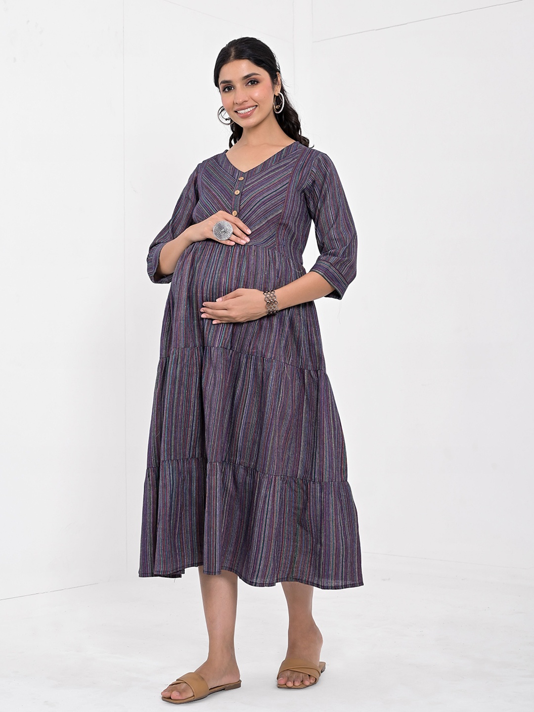 

Negen Cotton Maternity Striped V-Neck Fit & Flare Midi Dress, Violet