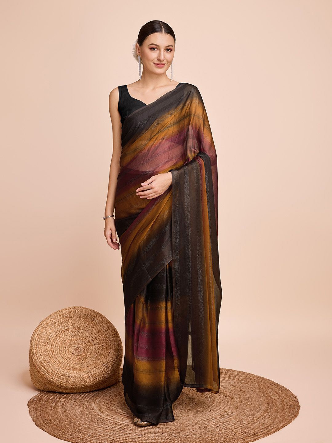 

Mitera Striped Saree With Blouse Piece, Brown