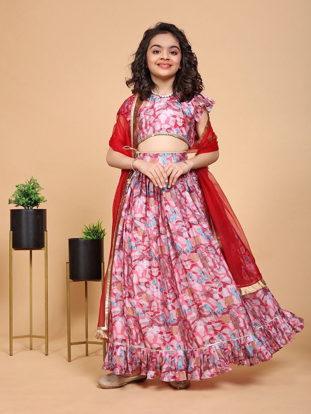 

Jogmaya Fashion Girls Abstract Printed Ready to Wear Lehenga & Blouse With Dupatta, Pink