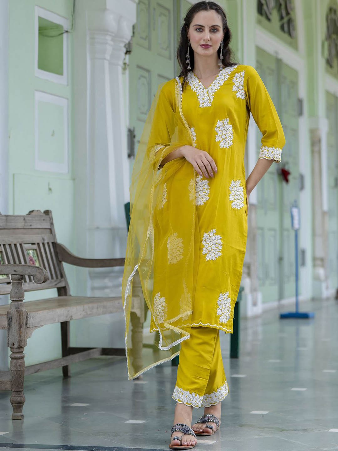

VredeVogel Floral Embroidered Straight Kurta With Trousers & Dupatta, Yellow