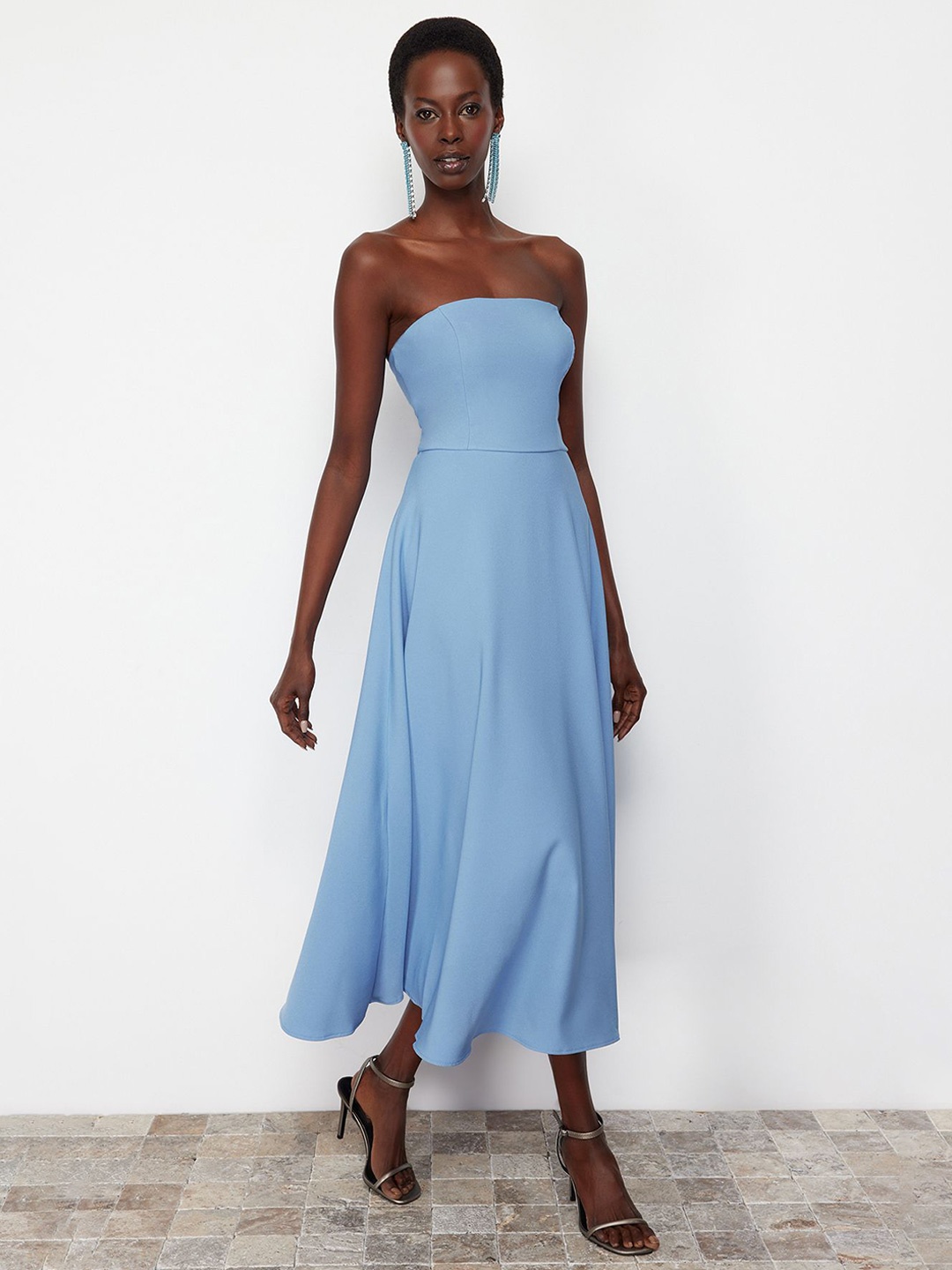 

Trendyol Off-Shoulder Fit & Flare Midi Dress, Blue