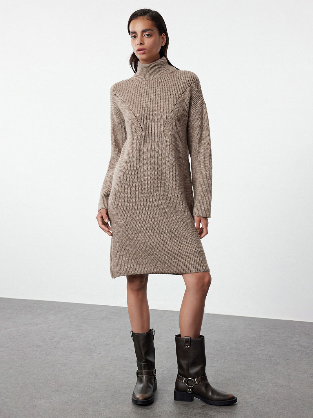 

Trendyol High Neck A-Line Above Knee Dress, Brown