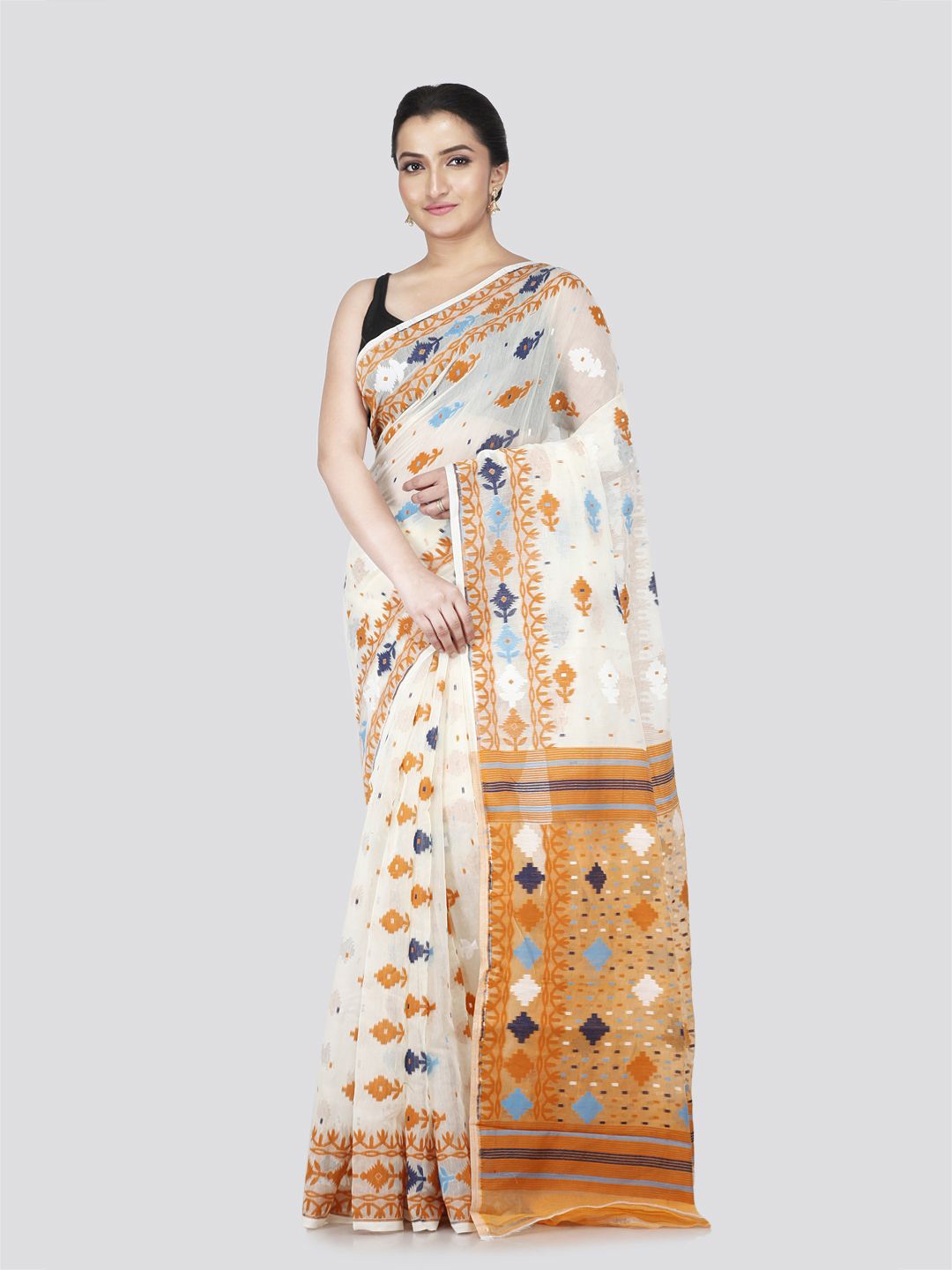 

PinkLoom Woven Design Pure Cotton Jamdani Saree, White