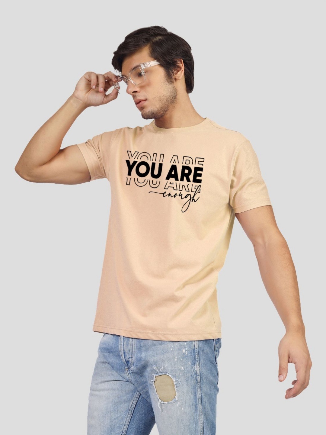 

Greylongg Men Typography Printed Round Neck Cotton T-shirt, Beige