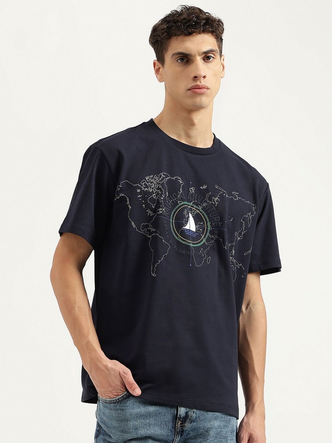 

United Colors of Benetton Men Graphic Printed Round Neck Pure Cotton T-shirt, Navy blue