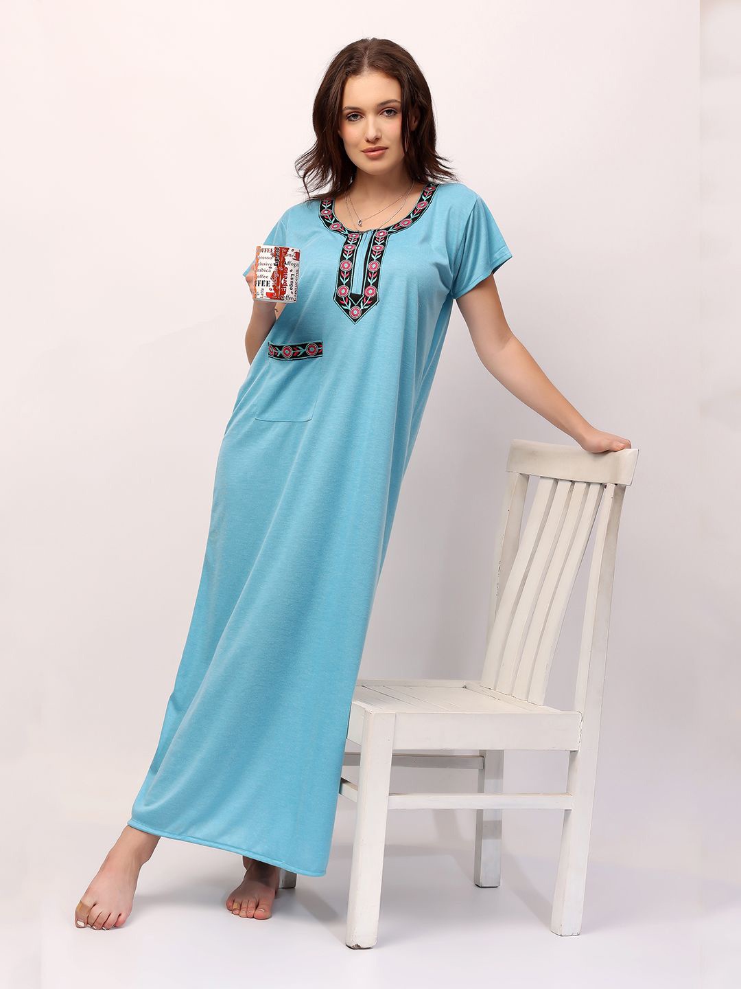 

NIGHT KEYS Embroidered Maxi Nightdress, Blue