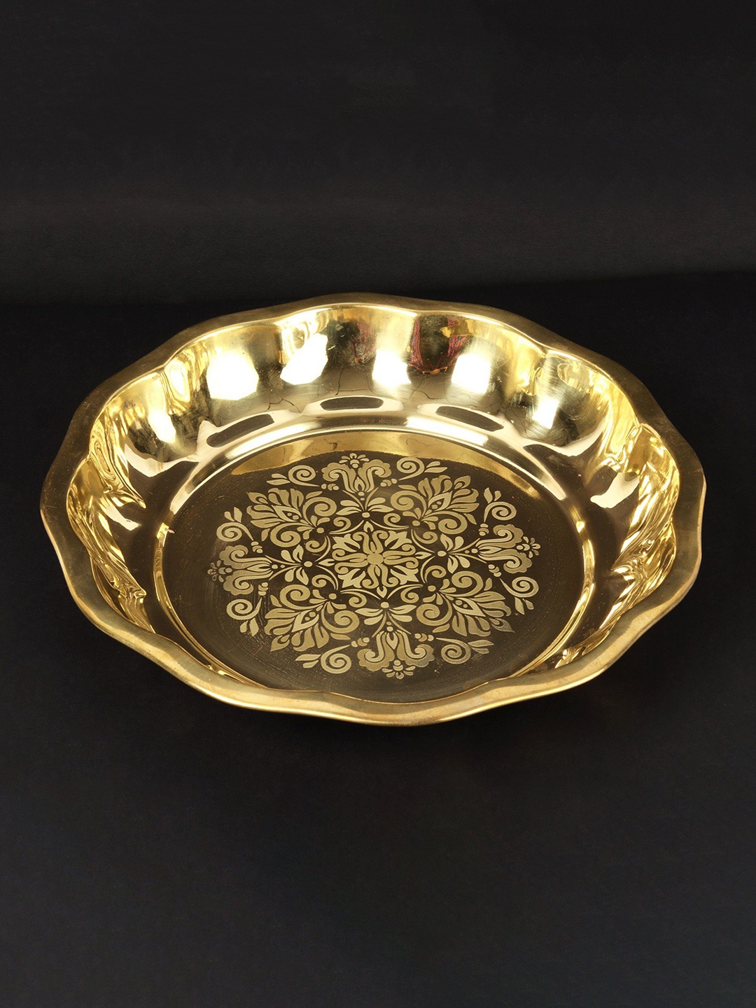 

Exotic India 12" Brass Floral Ritual Bowl, Gold