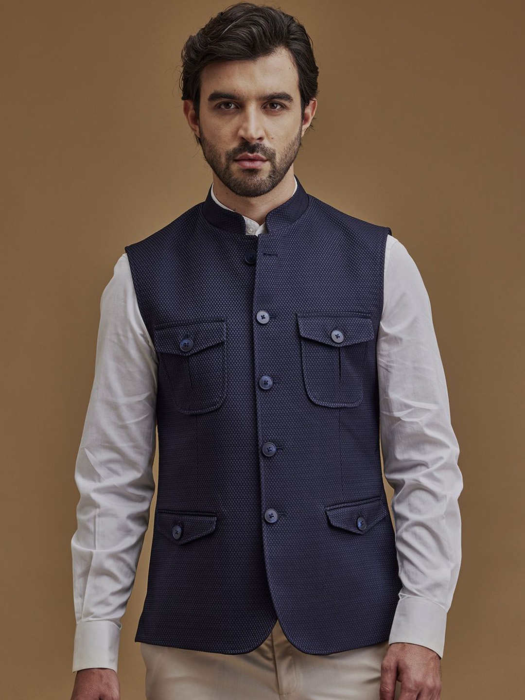 

Neumen Men Woven Design Sleeveless Nehru Jackets, Navy blue