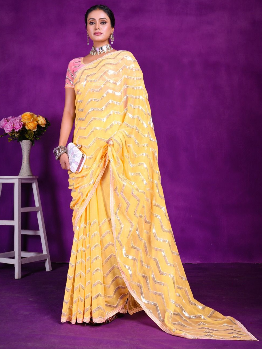 

Mitera Embellished Sequinned Pure Chiffon Saree, Yellow