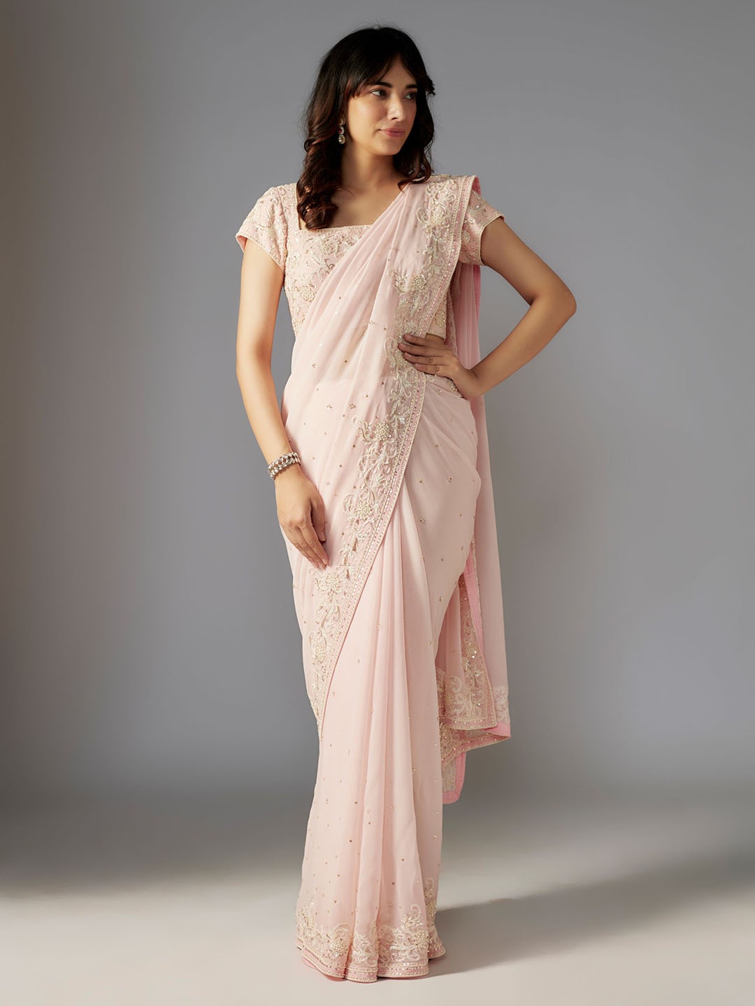 

Maisolos Embellish Embroidered Sequin Pure Georgette Saree & Stitched Blouse With Peticoat, Pink