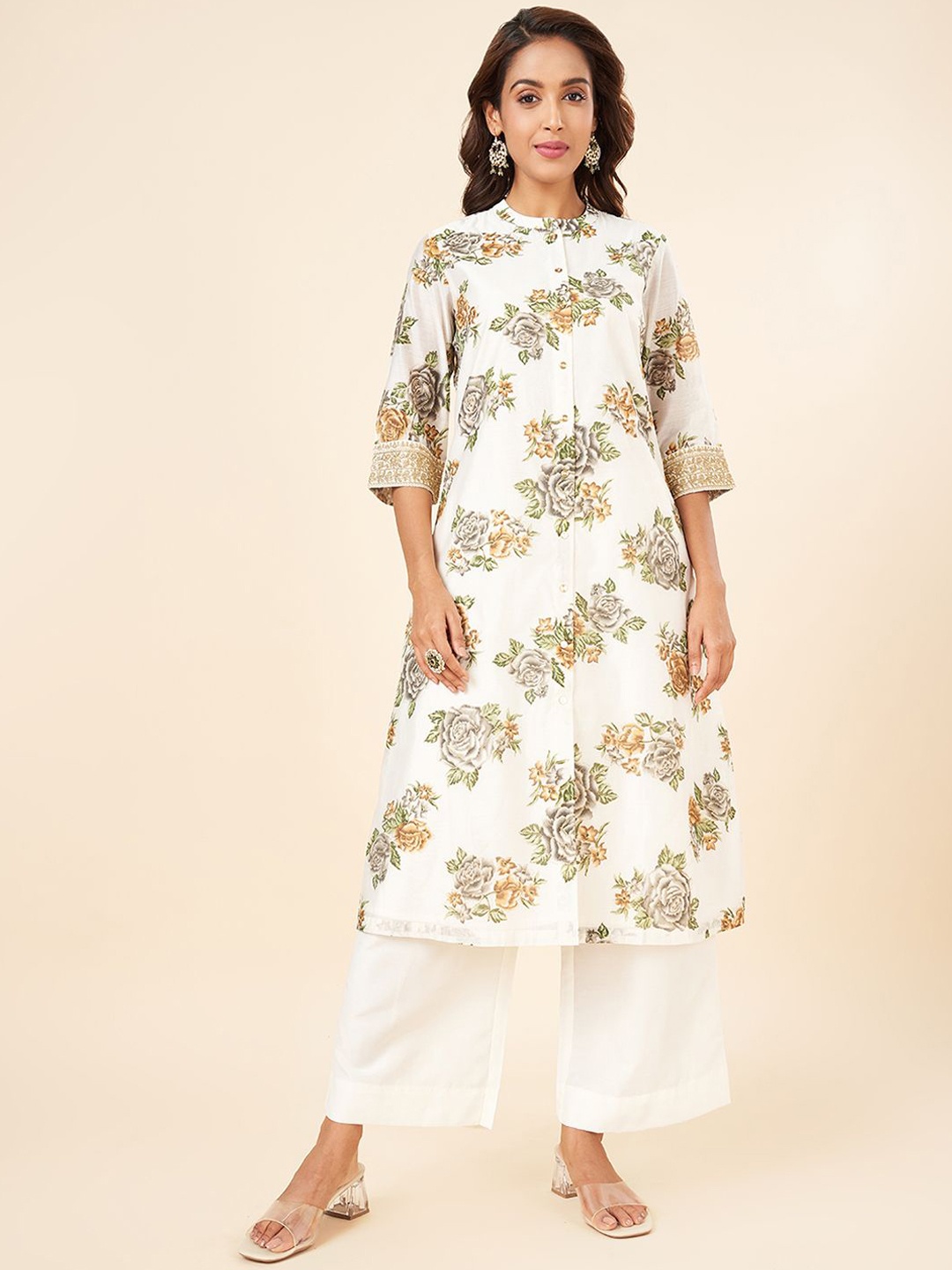 

RANGMANCH BY PANTALOONS Floral Printed A Line Kurta with Palazzos, White
