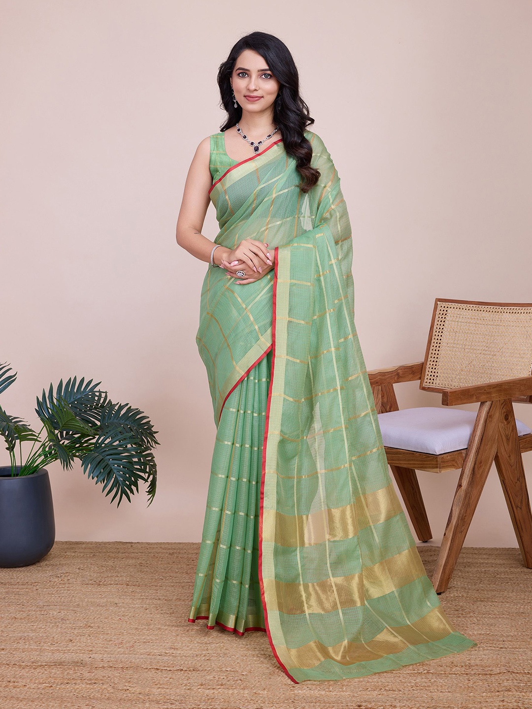 

Aldwych Checked Zari Chanderi Saree, Green