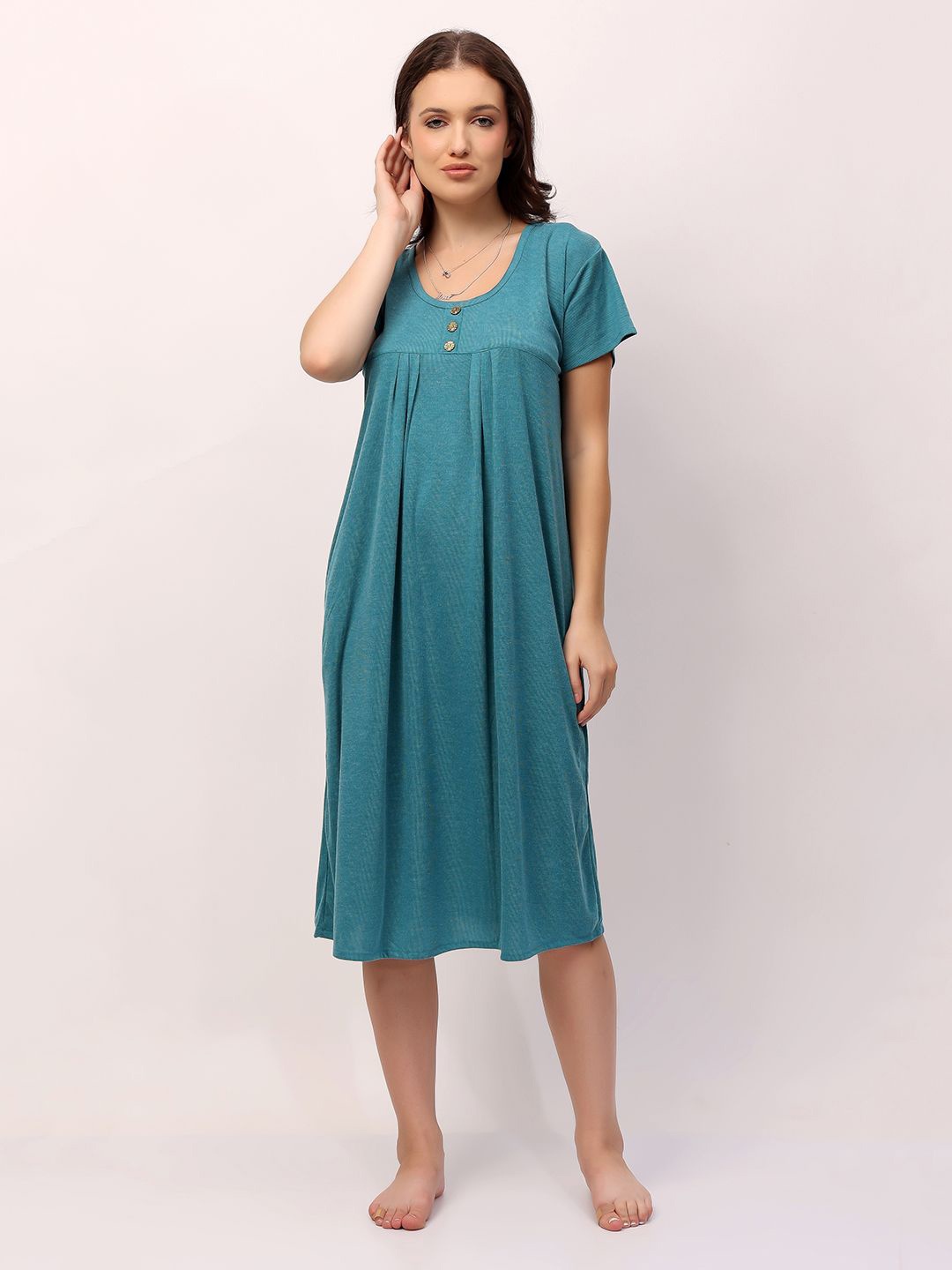 

NIGHT KEYS Round Neck Nightdress, Turquoise blue