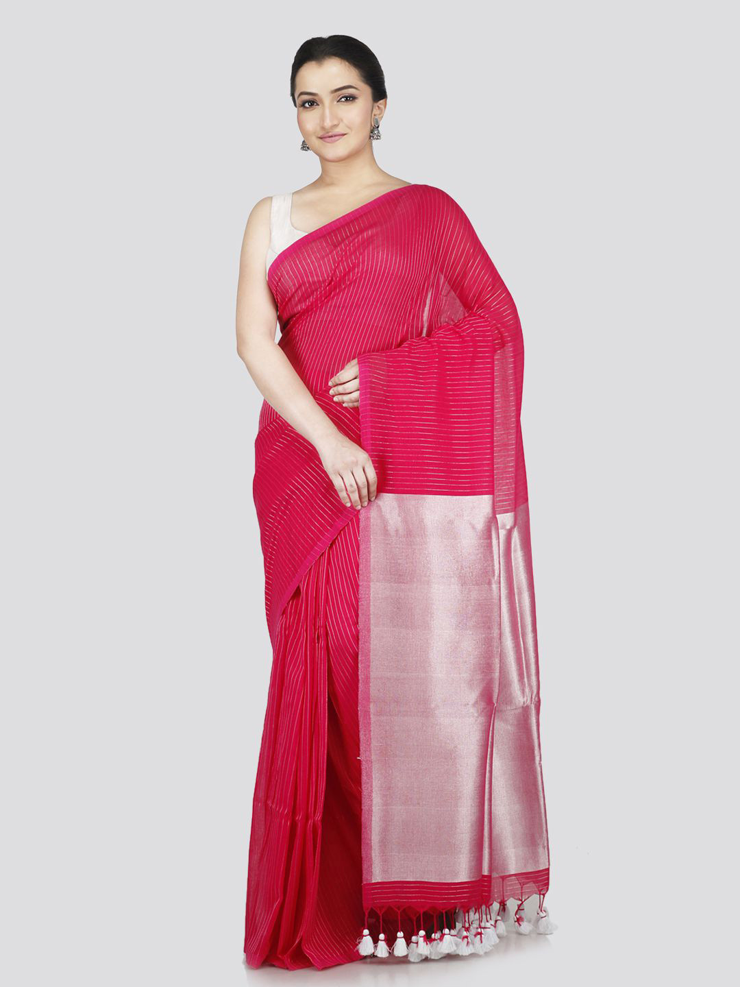 

PinkLoom Striped Pure Cotton Saree, Pink