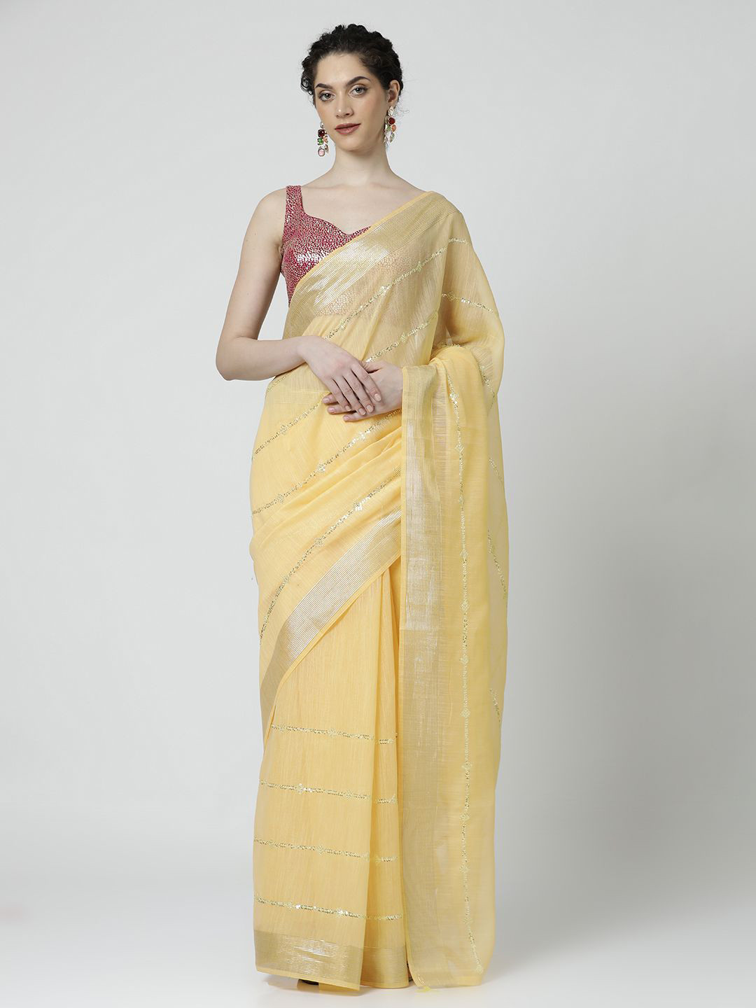 

Jaipur Kurti Floral Zari Saree, Yellow
