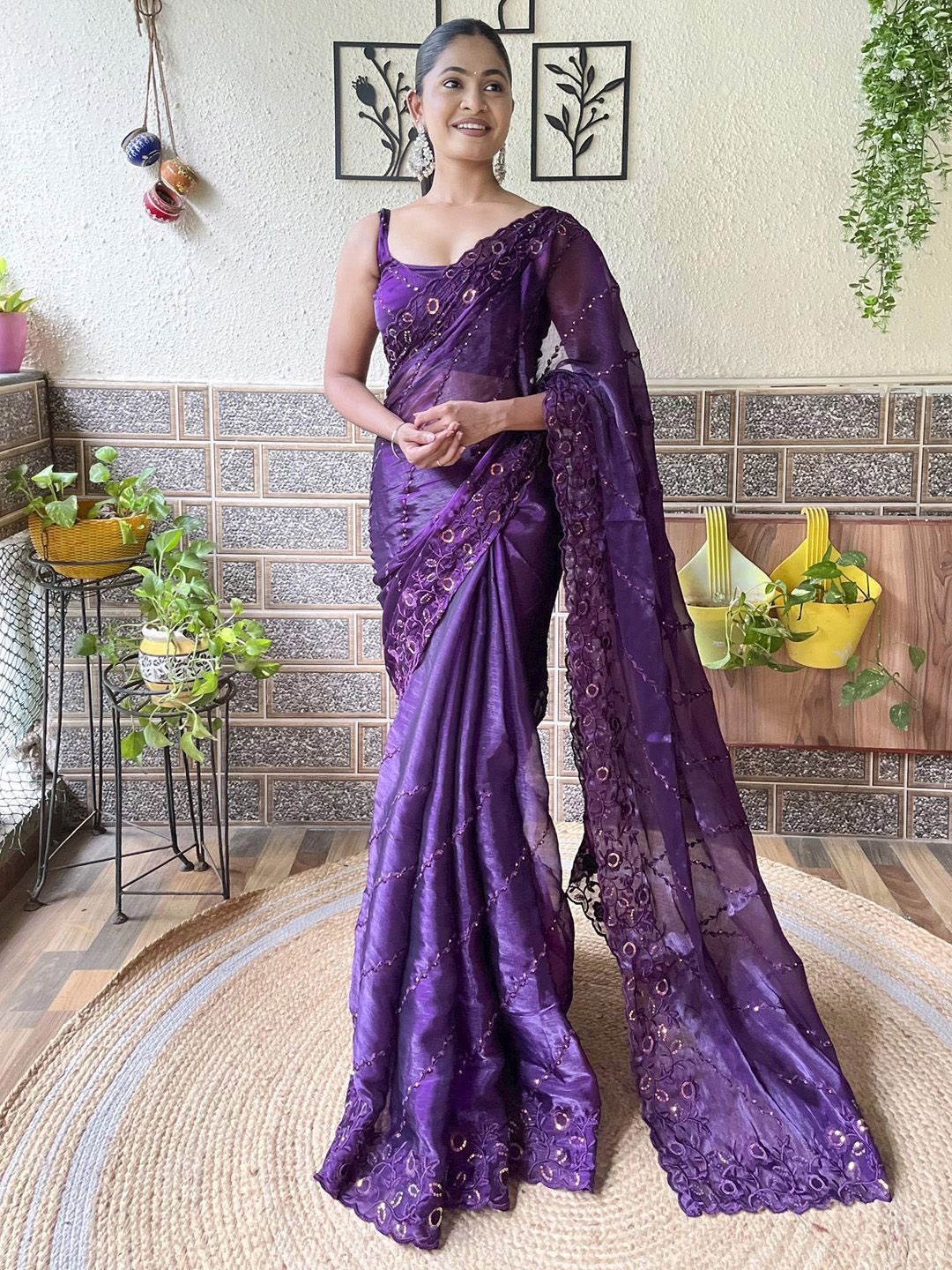 

Mitera Floral Sequinned Organza Saree, Purple
