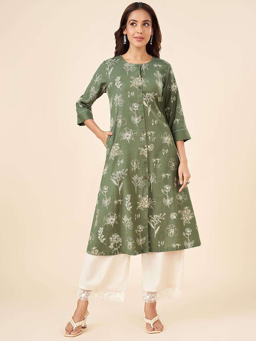 

RANGMANCH BY PANTALOONS Floral Printed Round Neck Cotton A Line Kurta, Olive