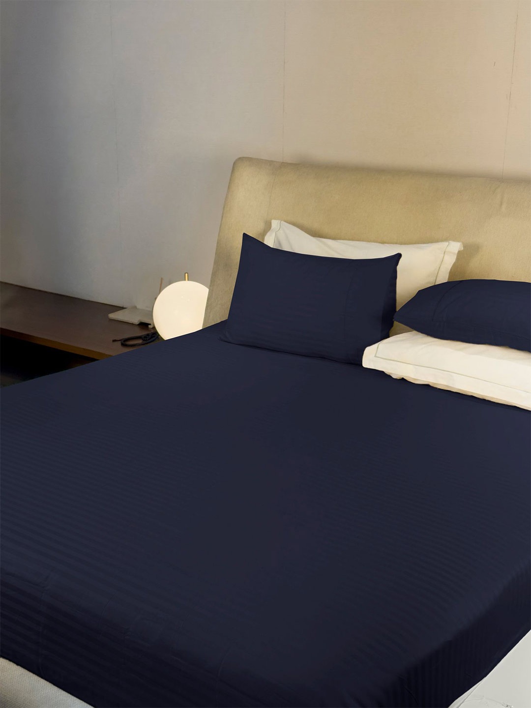 

LABHAM Navy Blue Striped Cotton 210 TC King Bedsheet With 2 Pillow Covers