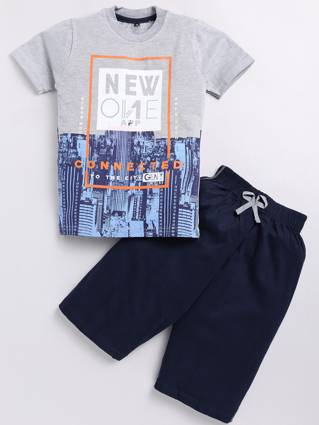 

Zeal Boys Printed Round Neck Pure Cotton T-shirt with Shorts, Grey melange