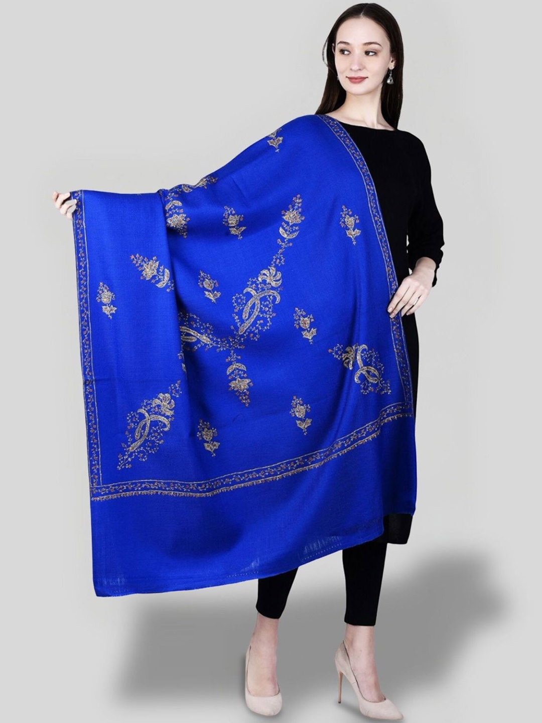 

SWI Stylish Floral Embroidered Pure Woollen Shawl, Blue