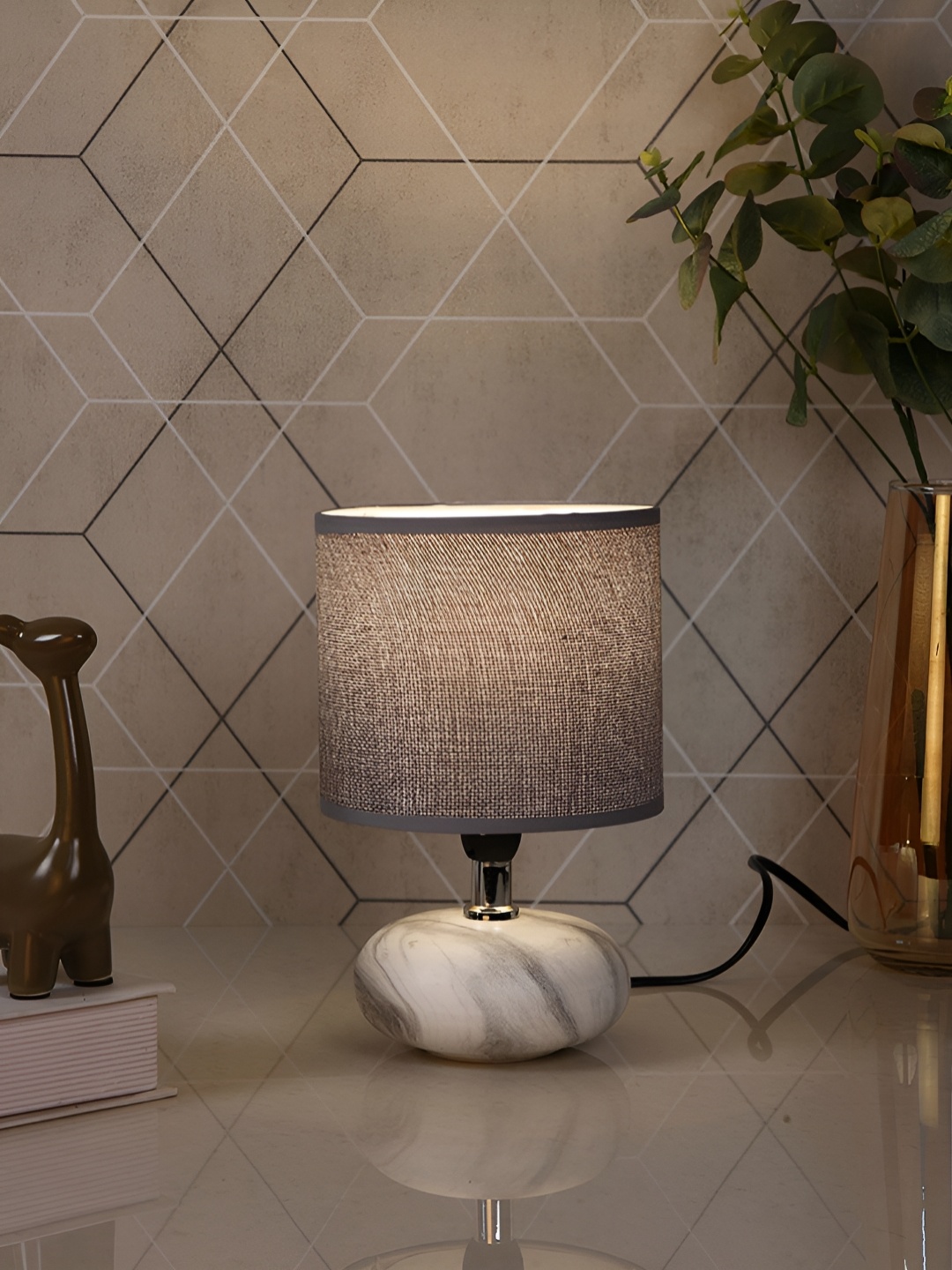 

TAYHAA Grey & White Printed Ceramic Contemporary Cylindrical Shaped Table Lamp