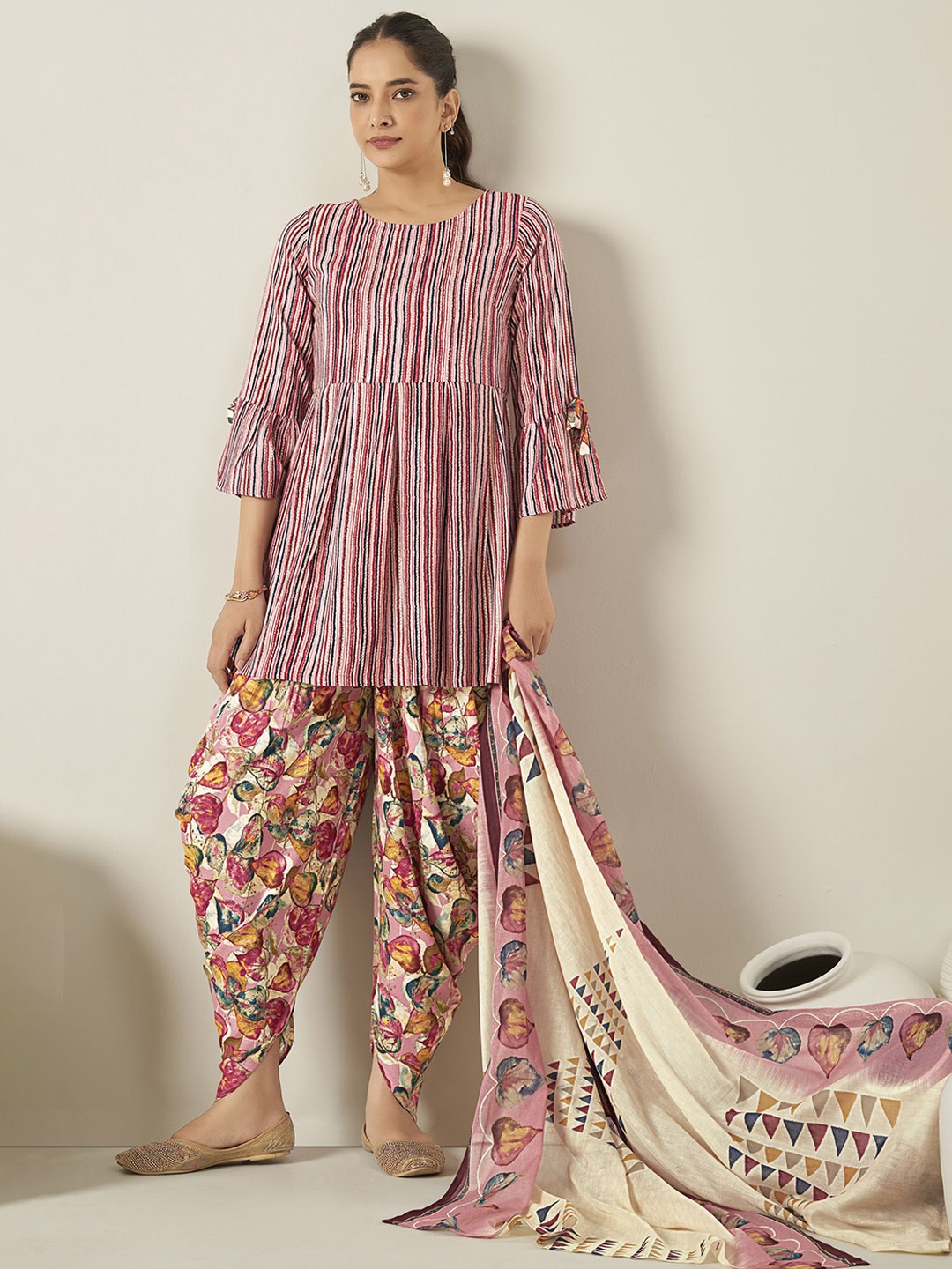

Anouk Striped Pleated Kurti with Dhoti Pants & With Dupatta, Pink