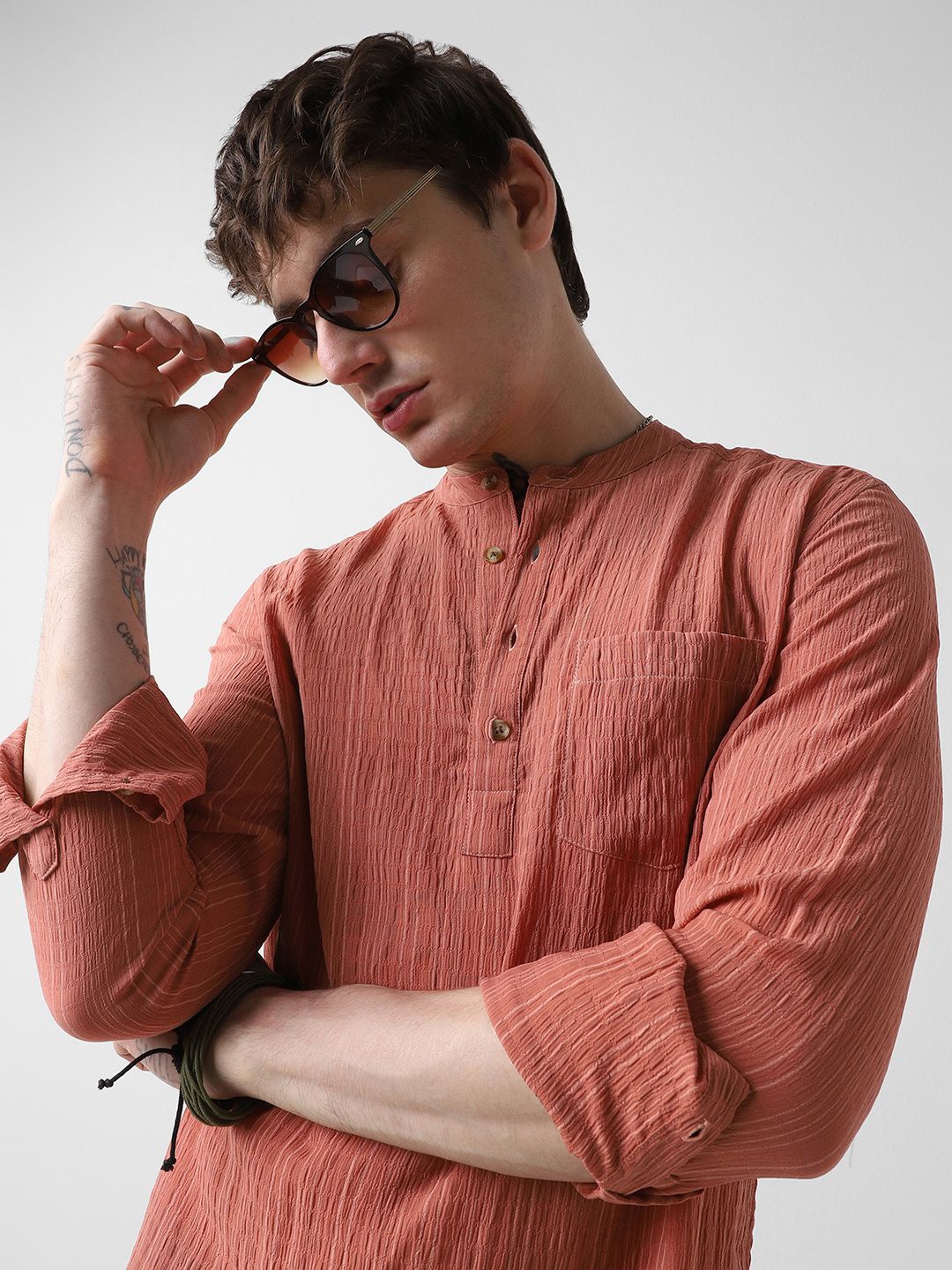

VASTRADO Striped Woven Design Mandarin Collar Kurta, Coral