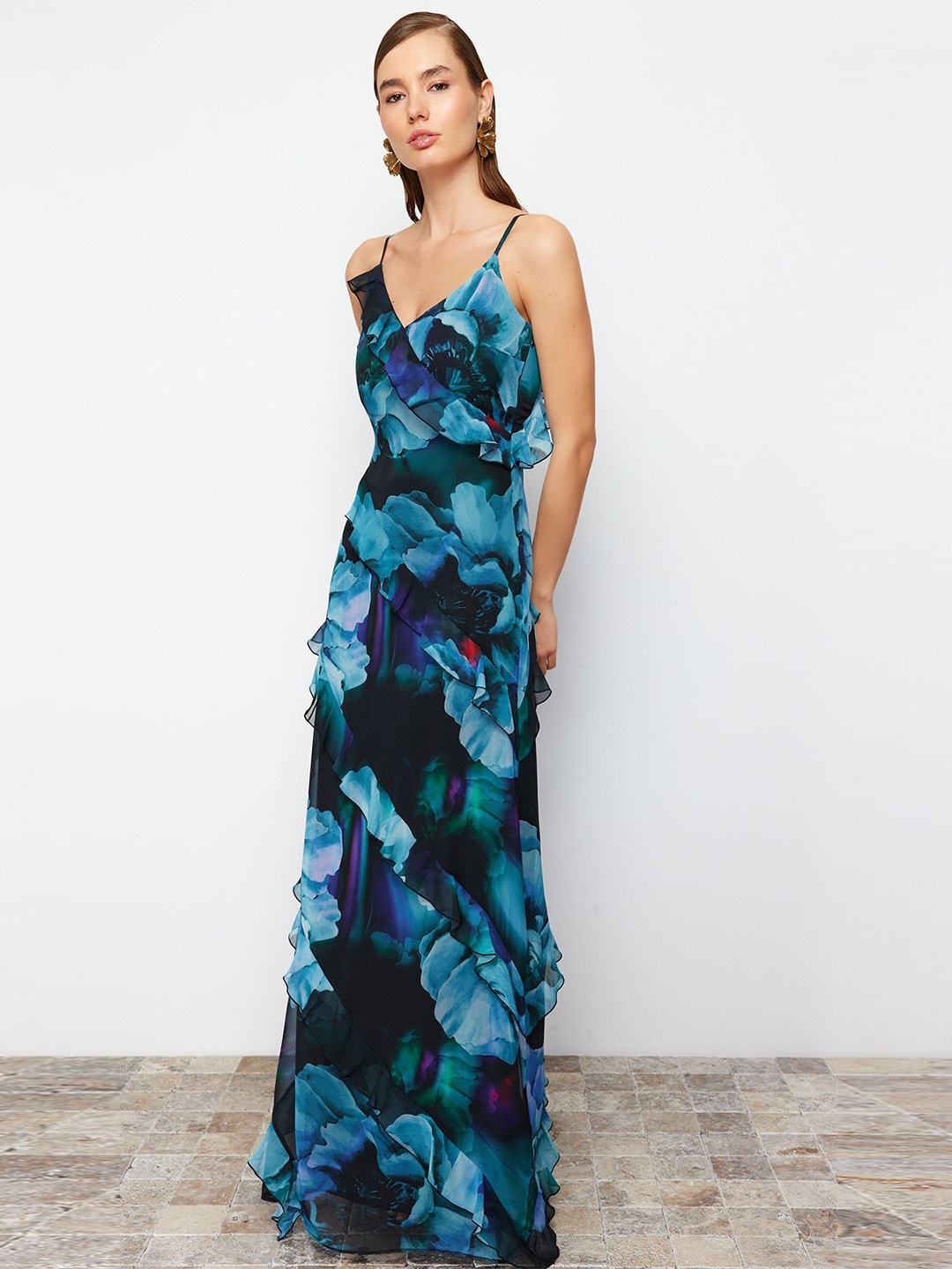 

Trendyol Floral Print Ruffles Maxi Dress, Blue