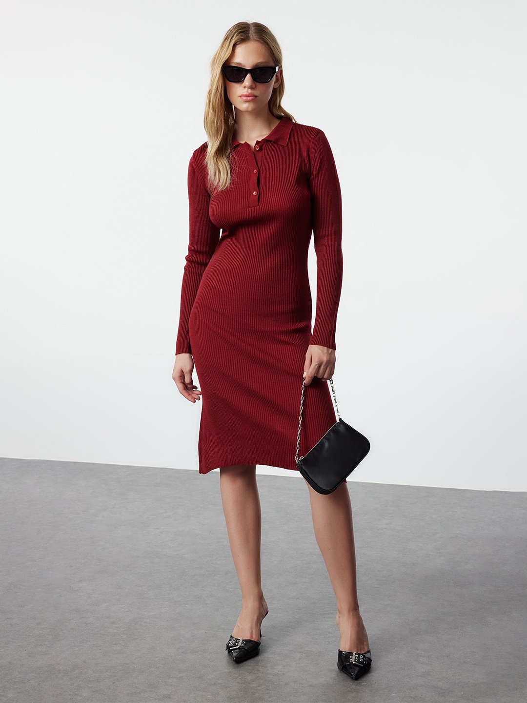 

Trendyol Shirt Collar Striped Shirt Dress, Maroon