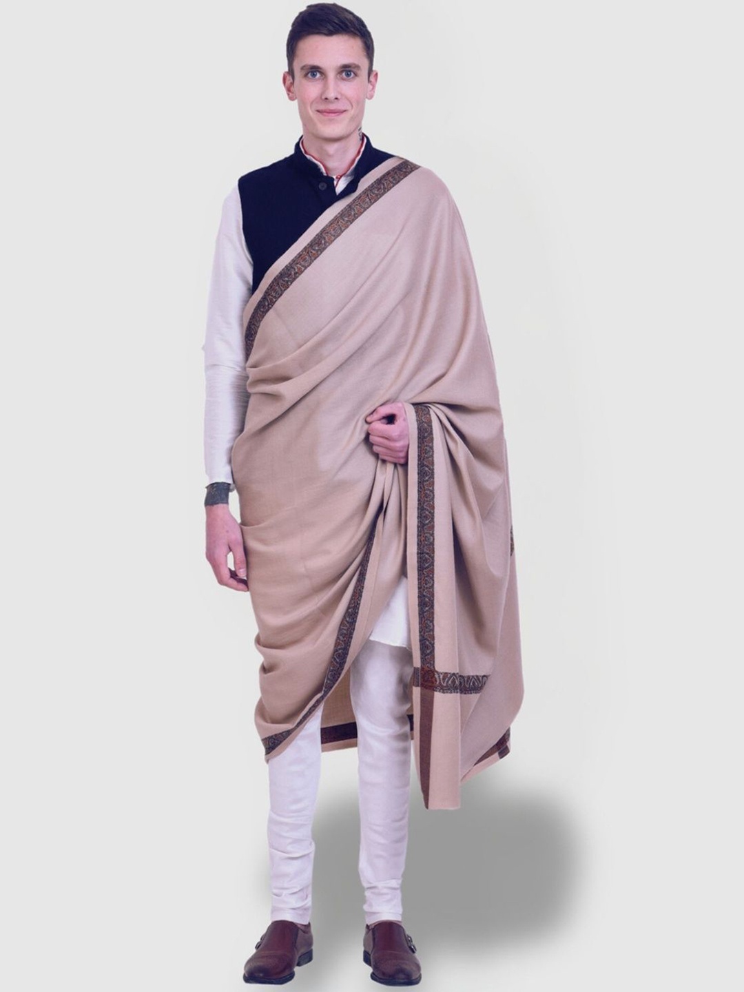 

SWI Stylish Ethnic Motifs Woven Design Pure Woollen Shawl, Brown