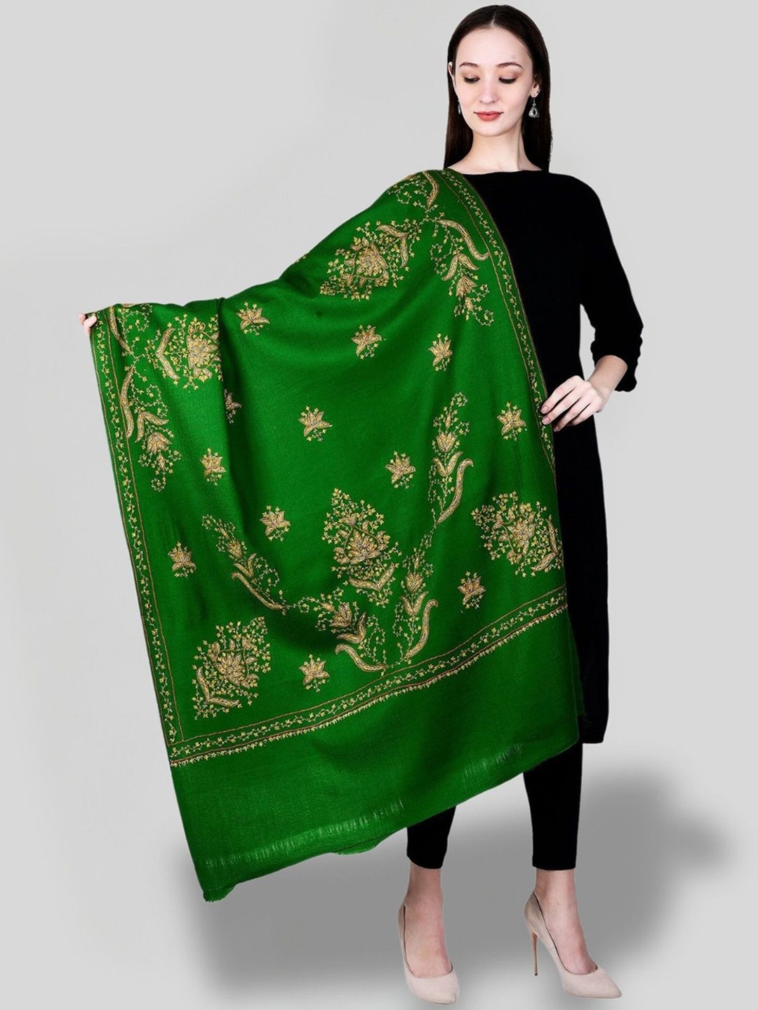 

SWI Stylish Floral Embroidered Pure Woollen Shawl, Green