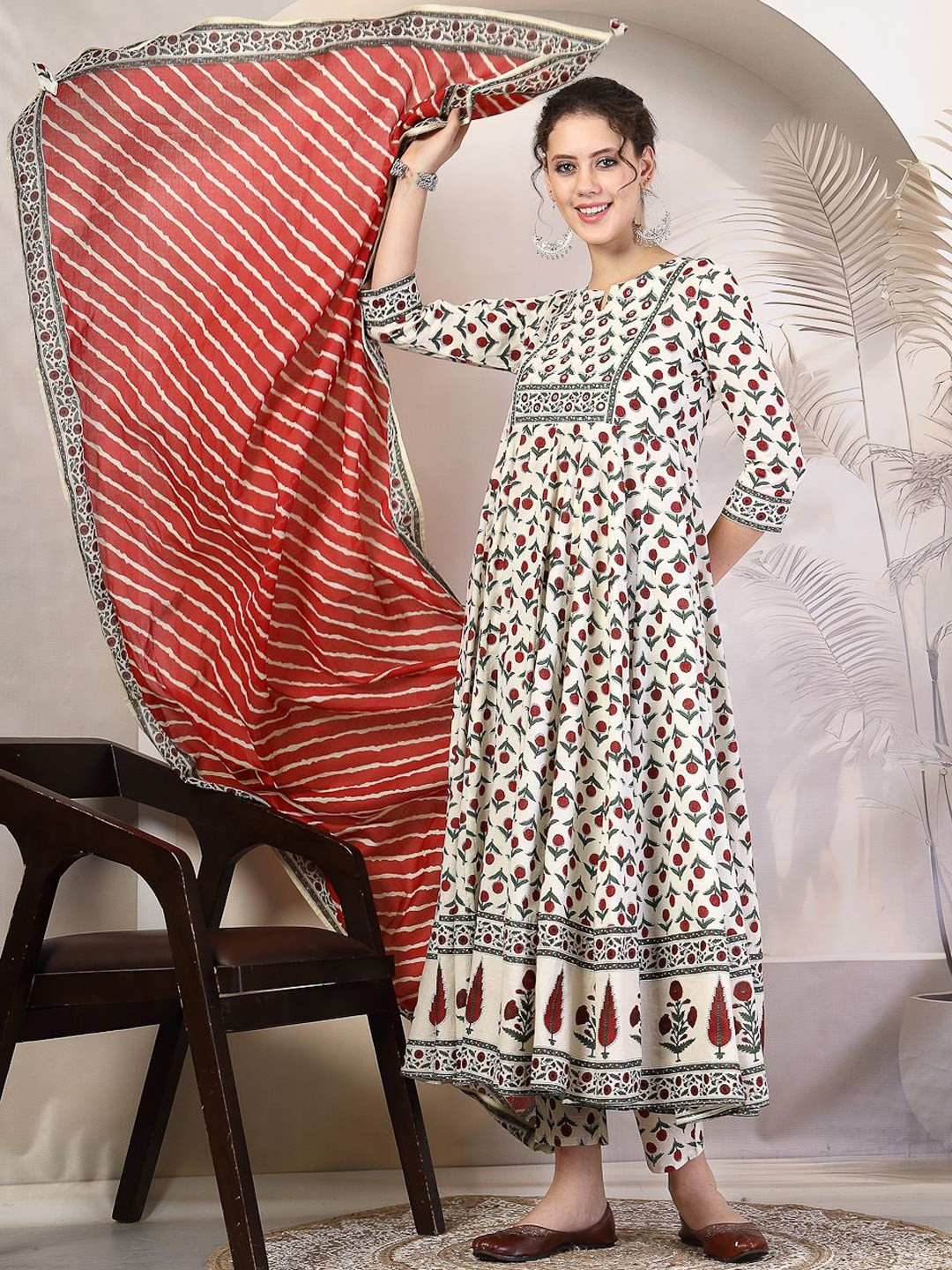 

GULMOHAR JAIPUR Floral Printed Mirror Work Cotton Anarkali Kurta With Palazzos & Dupatta, Red