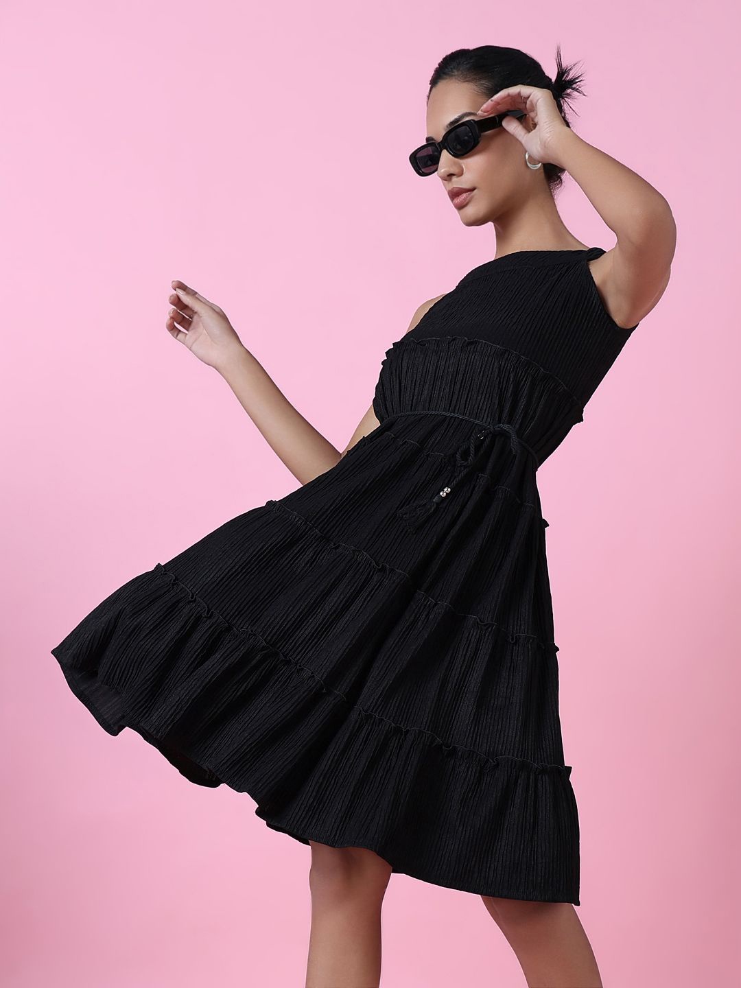 

SHOWOFF Layered Solid Crepe Fit & Flare Dress, Black