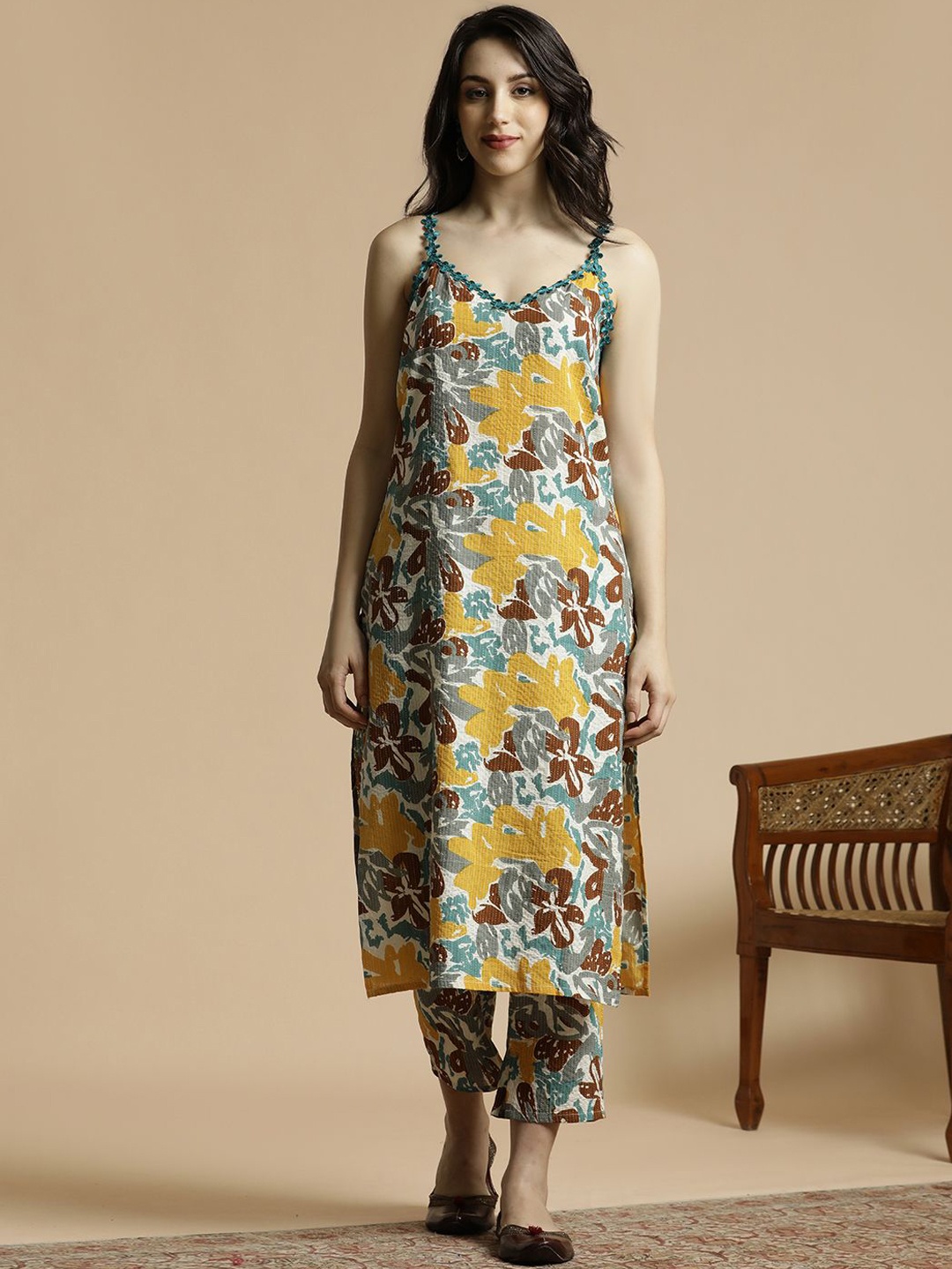 

Anouk Yellow & Green Floral Printed Shoulder Straps Straight Kurta with Trousers