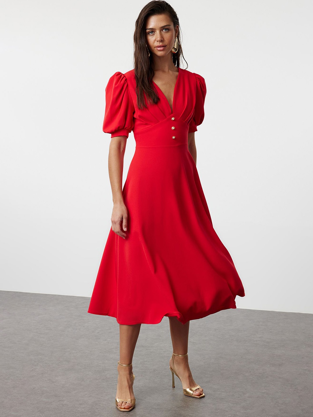 

Trendyol Women Puff Sleeve Fit and Flare Midi Dress, Red