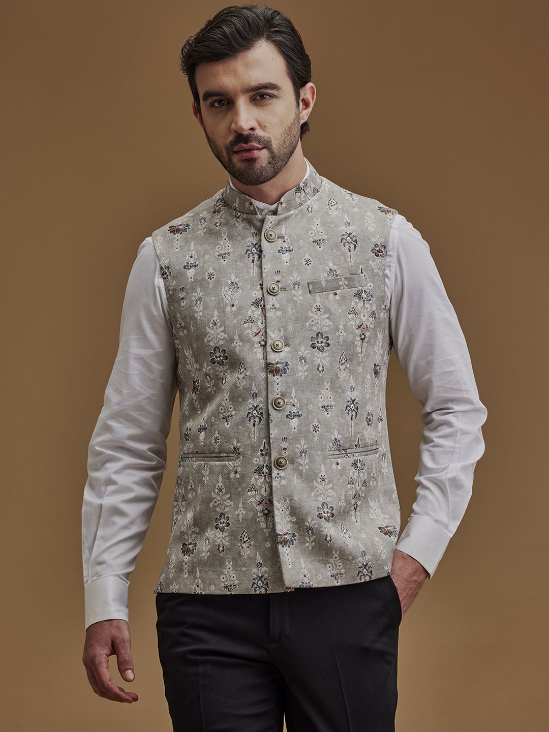 

Neumen Floral Printed Nehru Jackets, Grey