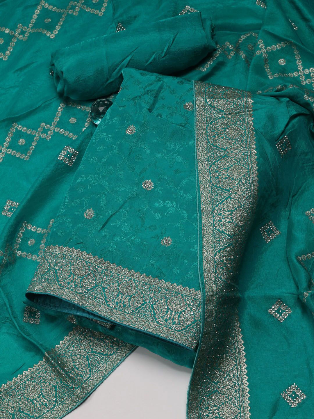 

Meena Bazaar Floral Woven Design Zari Unstitched Dress Material, Green