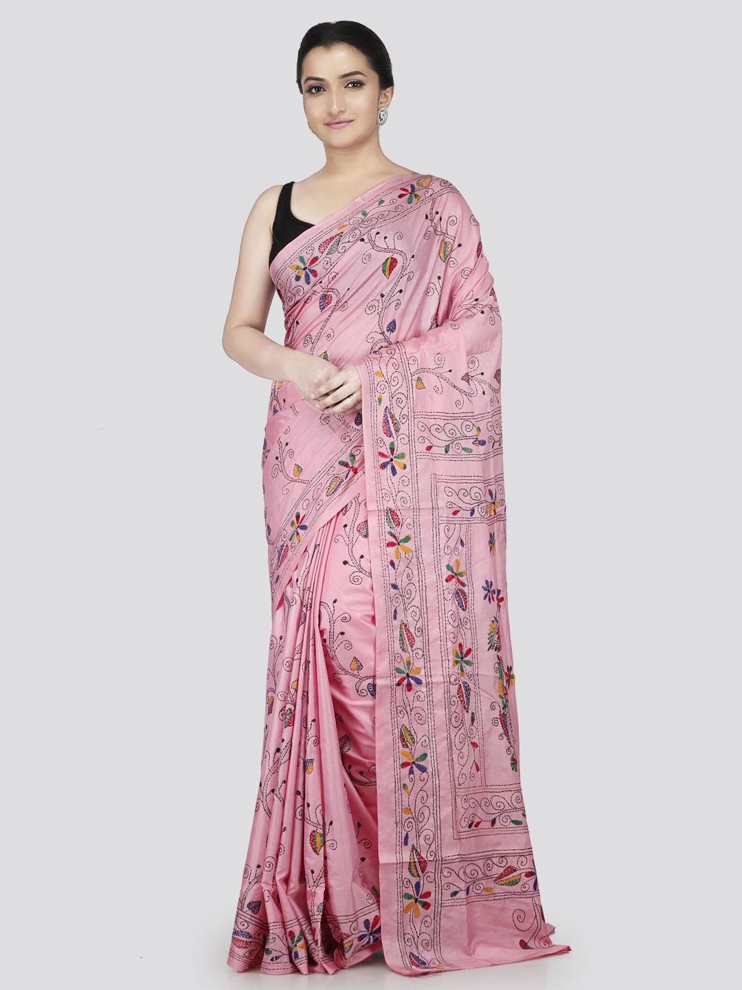 

PinkLoom Floral Kantha Work Pure Silk Saree, Pink