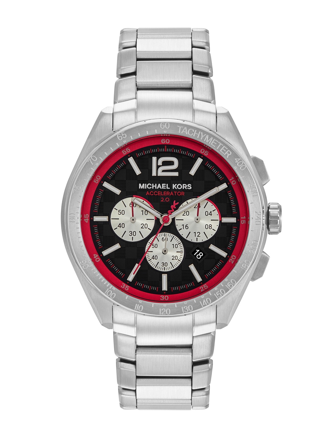 

Michael Kors Men Accelerator 2.0 Bracelet Style Chronograph Analogue Watch MK9176I-Silver, Black
