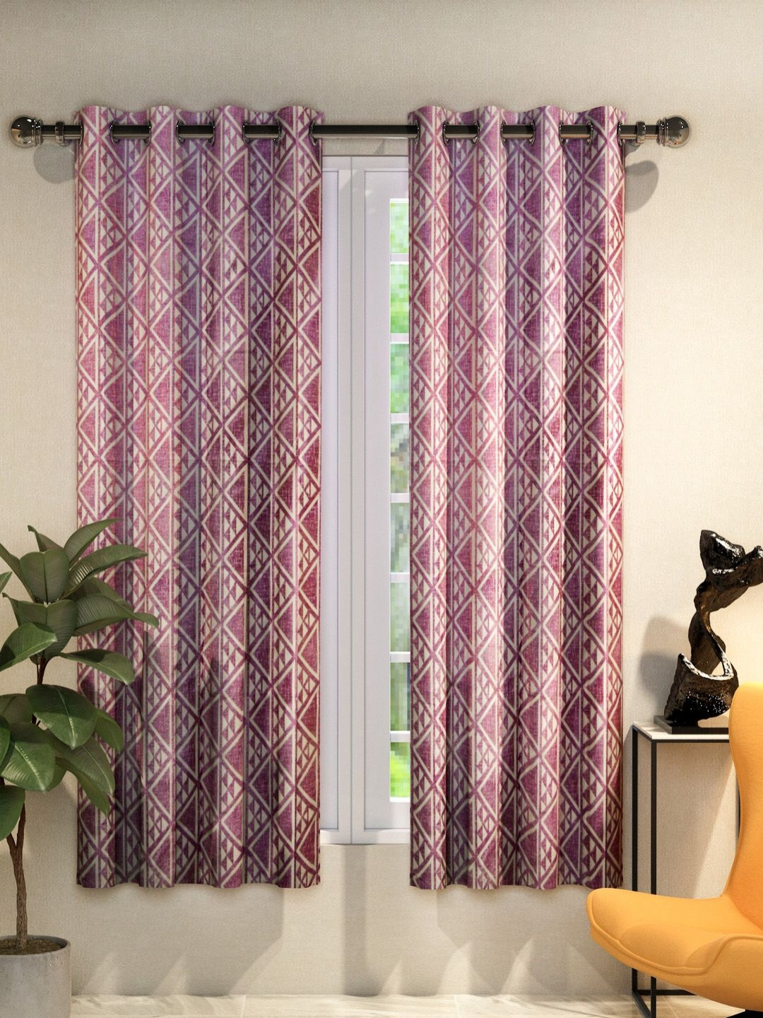 

Aura Pink & White 2 Pieces Geometric Window Curtains