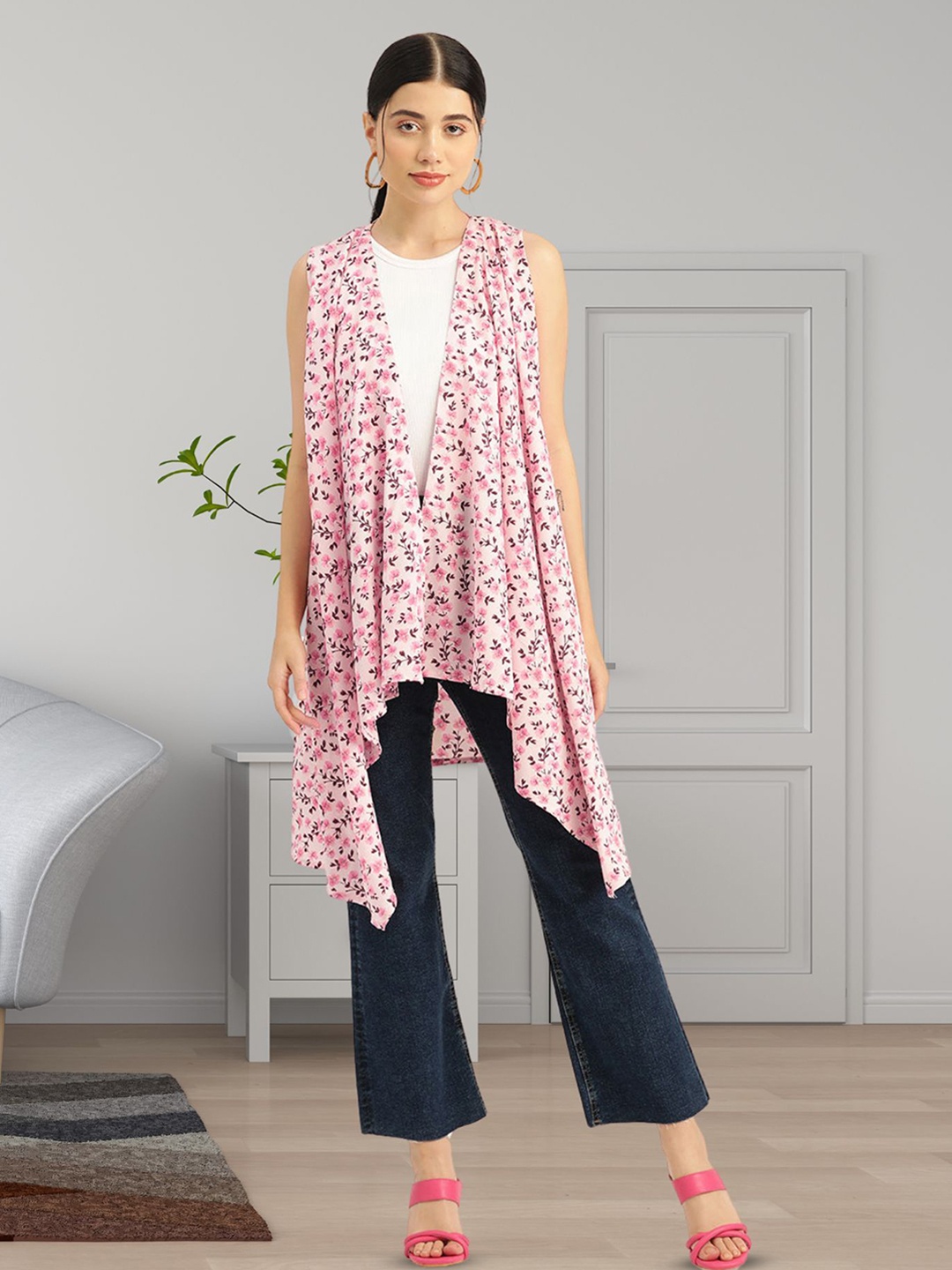 

Rue Collection Floral Printed Open Front Longline Shrug, Pink