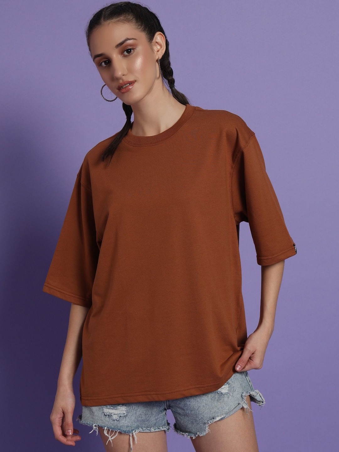 

PockMAN Women Bio Finish Solid Round Neck Pure Cotton Oversized T-shirt, Brown