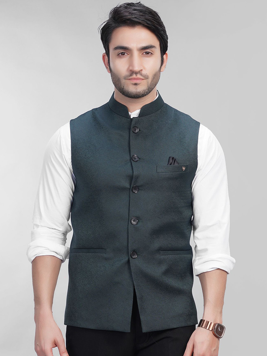 

LA'SCOOT Woven Nehru Jackets, Green