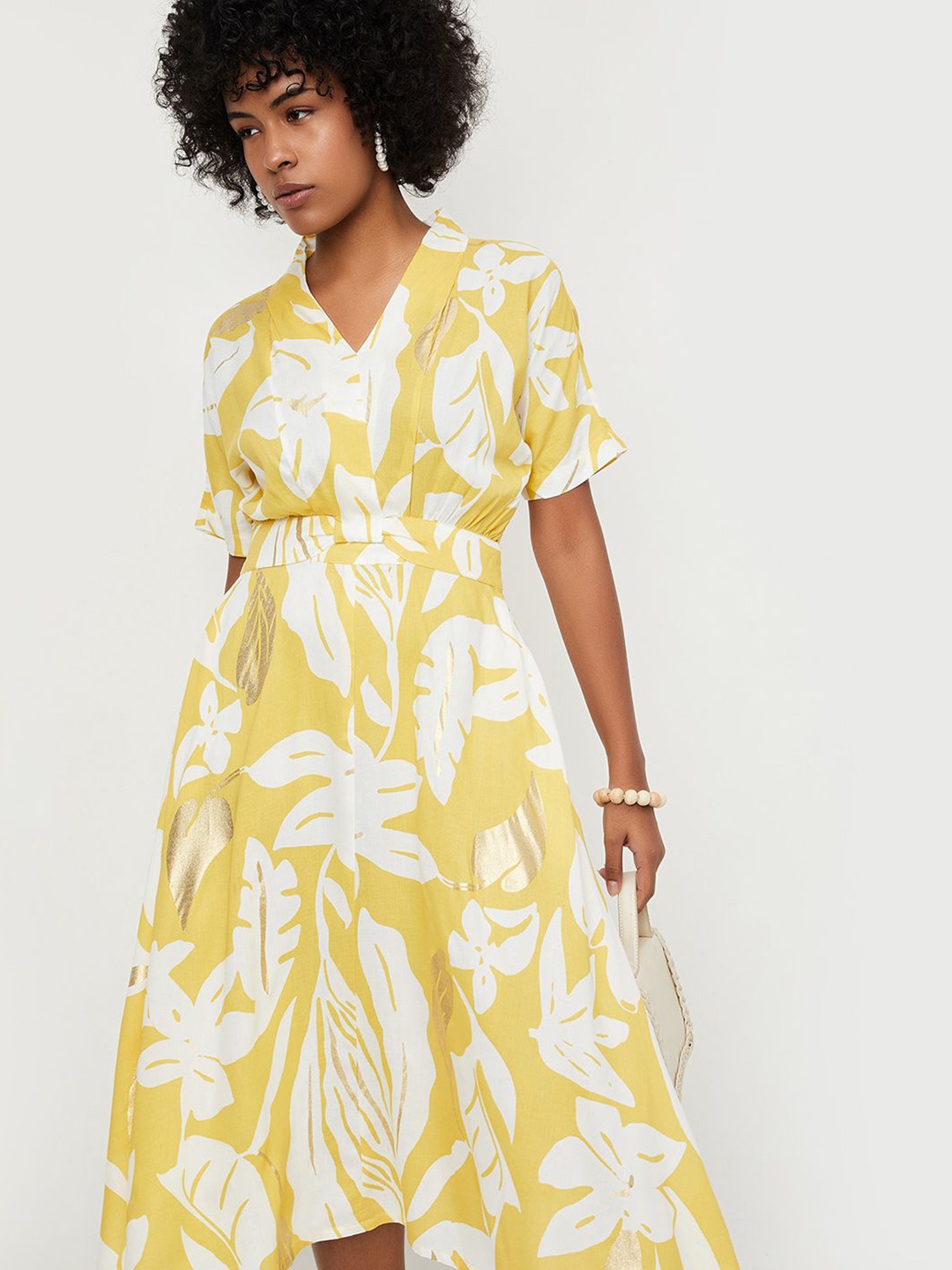 

max Floral Printed Fit & Flare Midi Dress, Yellow