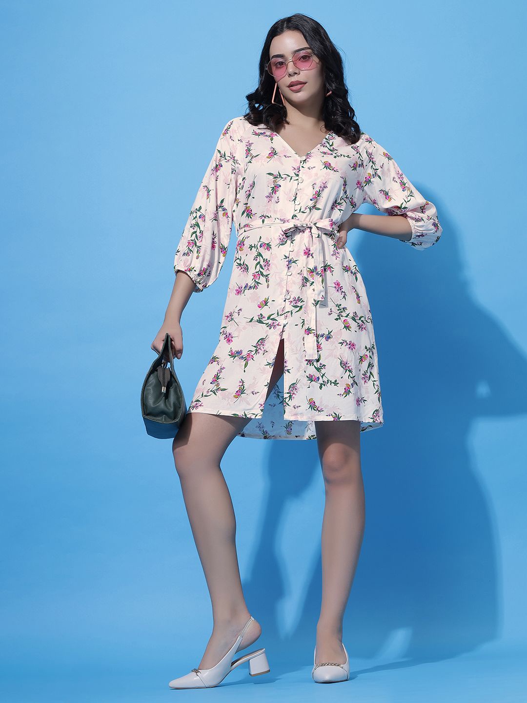 

DressBerry Floral Printed Bishop Sleeves Tie-Ups Fit & Flare Dress, Pink