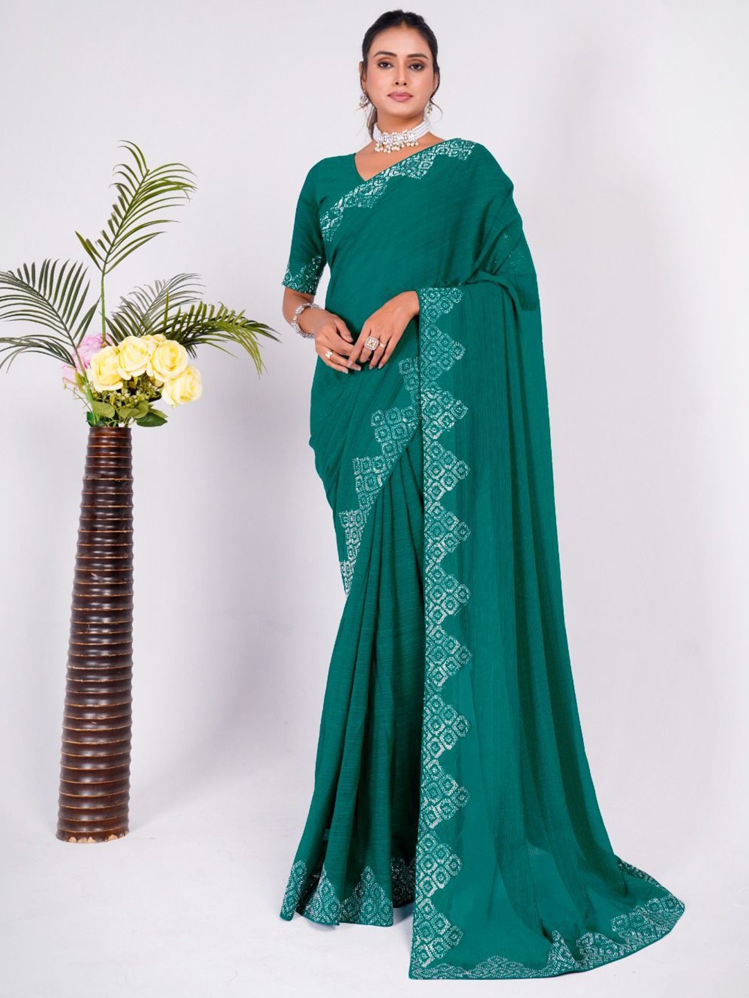 

Mitera Embellished Beads and Stones Pure Chiffon Saree, Turquoise blue