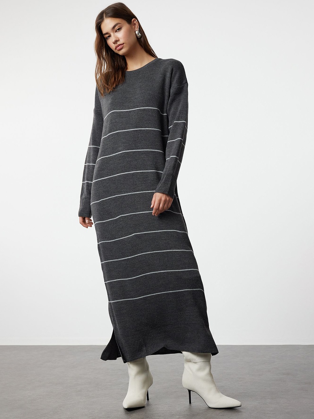 

Trendyol Round Neck Striped Maxi Dress, Grey