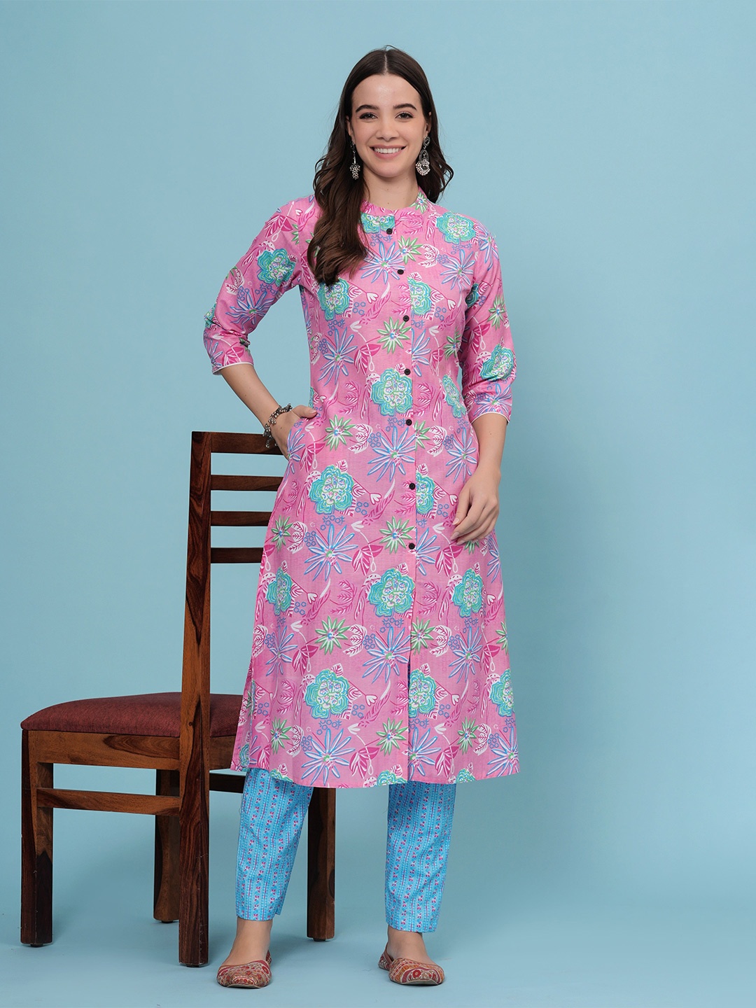 

HEARTLOOM Printed Pure Cotton A-Line Kurta, Pink