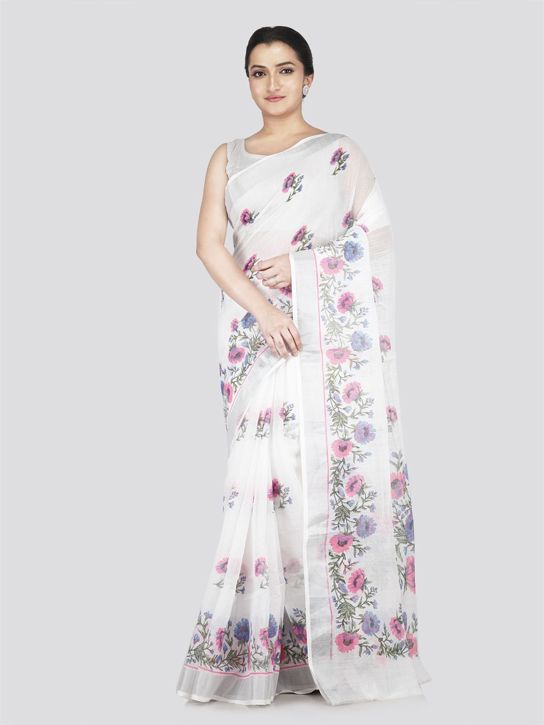 

PinkLoom Floral Pure Cotton Saree, White