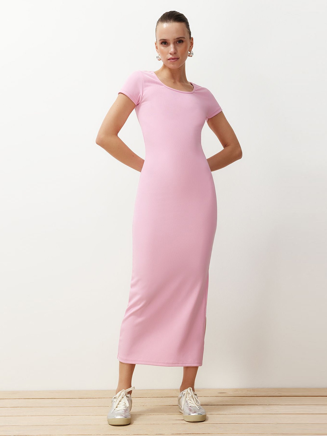 

Trendyol Solid Sheath Midi Dress, Pink